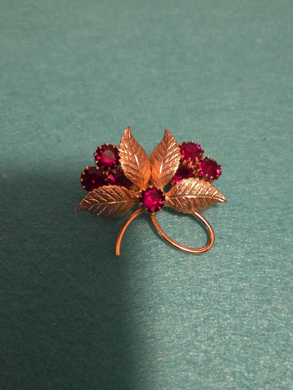 Gold-Tone Leaf Brooch with Deep Pink Rhinestones